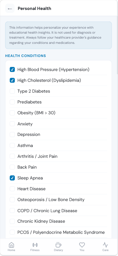 Personal Health profile — conditions and medications